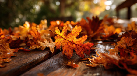 Vibrant orange and yellow leaves blanket a wooden path under soft sunlight on a tranquil day.の素材