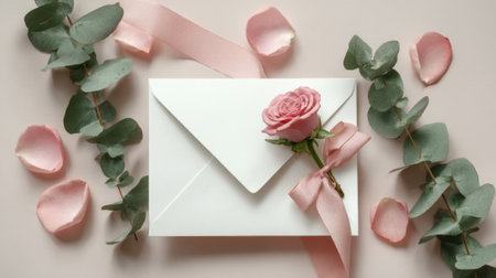 A lovely envelope sits on a soft surface embellished with a pink rose and surrounded by green leaves and petals.の素材