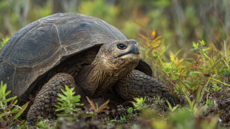A tortoise roams through lush greenery basking in the warm sunlight under a clear sky.の素材