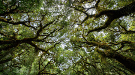 Sunlight filters through the lush green leaves creating a tranquil atmosphere among towering trees.の素材
