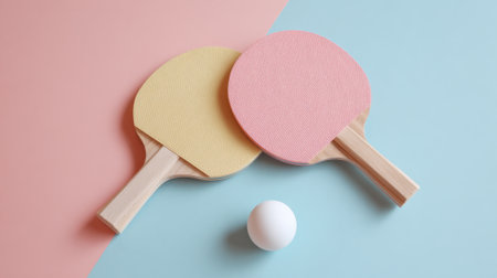 Two colorful paddles sit alongside a table tennis ball on a soft pastel backdrop inviting play.の素材