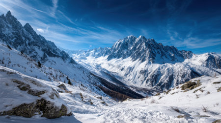 Snow blankets the rugged mountains as sunlight dances across the peaks illuminating a winter wonderland.の素材