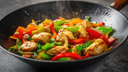 A vibrant stir fry cooking with tender chicken pieces and a mix of colorful bell peppers green beans and greens in a black wok over a flame. Steam rises as flavors blend.の素材
