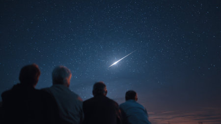 A group of four individuals sits together gazing up at a clear night sky filled with stars as a bright meteor streaks across. The scene captures a moment of awe and wonder.の素材