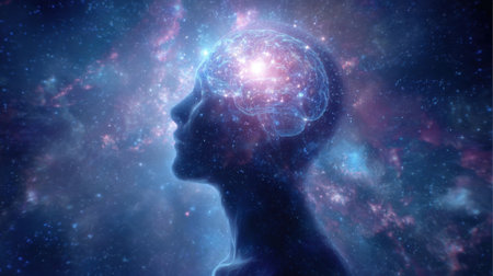 A human silhouette faces left with a glowing brain filled with stars and galaxies. The backdrop features a deep cosmic space symbolizing imagination and knowledge in the vast universe.の素材