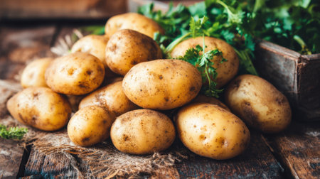A pile of freshly harvested potatoes sits on a wooden surface. Nearby herbs add a touch of greenery. The scene evokes a rustic farm-fresh atmosphere perfect for cooking inspiration.の素材