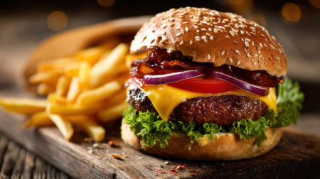 A delicious burger stacked with lettuce tomato onion and bacon sits next to a serving of crispy fries on a wooden surface. The scene is inviting and well-composed.の素材