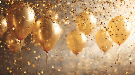 Golden balloons rise in the air as colorful confetti falls around them creating a joyful atmosphere at a special event likely a party or celebration held in the evening.の素材