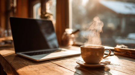 A steaming cup of coffee sits on a saucer next to a laptop on a rustic wooden table. Morning sunlight filters through the cafe window creating a warm ambiance.の素材