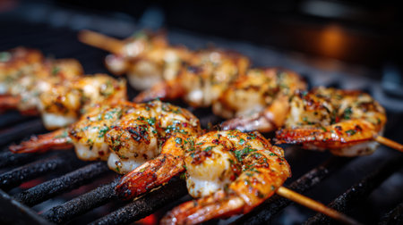 Several skewers of marinated shrimp are grilling over a hot barbecue. The shrimp are golden brown with char marks indicating they are perfectly cooked for a summer feast.の素材