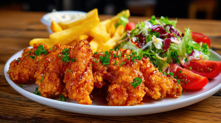 A plate features golden fried chicken pieces coated in a spicy sauce accompanied by thick fries fresh salad and sliced tomatoes all arranged on a wooden table in a cozy eatery.の素材
