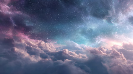The sky is filled with clouds and stars. The clouds are pink and purple, and the stars are scattered throughout the skyの素材