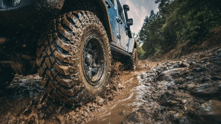 A rugged vehicle maneuvers through a muddy path surrounded by trees sending splashes of water and mud in the air on an overcast day showcasing off-road capability and adventure.の素材