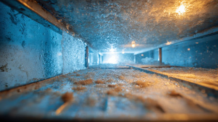 Water moves swiftly through a metallic channel creating splashes and reflections under soft lighting. The surroundings feature an interesting interplay of color and texture.の素材