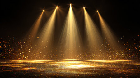 Golden beams of light shine down from above creating a dramatic effect on the sparkling floor below. The scene captures an exciting moment during a live performance enhancing the atmosphere.の素材