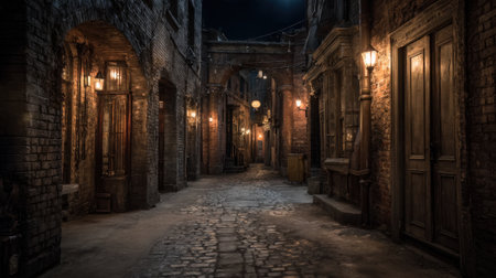 Dimly lit alleyway with cobblestone flooring shows old brick buildings on either side. Street lamps cast a soft glow creating an enchanting mysterious atmosphere at night.の素材