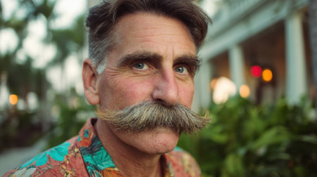 A man showcases an impressive mustache while wearing a vibrant floral shirt. He stands amidst lush greenery with soft outdoor lighting highlighting the pleasant atmosphere.の素材