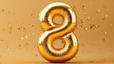 A large golden balloon shaped like the number eight stands prominently against a warm background.の素材