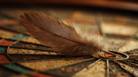 A soft feather lies on the dartboard creating a unique contrast with the colorful target. This scene captures the relaxed atmosphere of a game night at home among friends.の素材