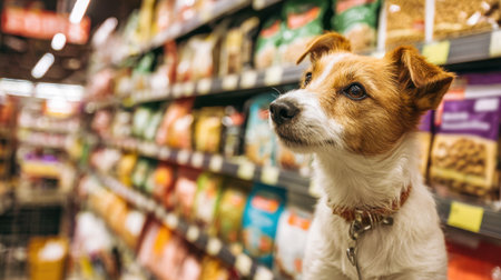 A small dog stands attentively in a pet store aisle surrounded by shelves stocked with different types of pet food. Bright lighting enhances the colorful packaging.の素材
