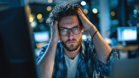 A young man experiences stress while working late in a contemporary office setting. He has his hands on his head deep in thought with computers in the background.の素材