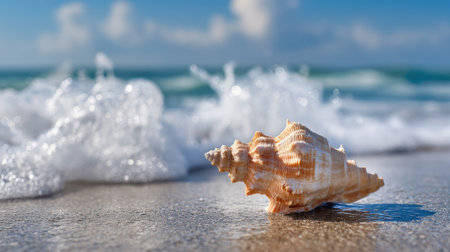 A seashell is laying on the sand near the water. The shell is white and has a brown center. The scene is peaceful and serene, with the sound of the waves in the backgroundの素材