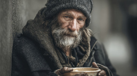 A man with long unkempt hair and a thick beard sits against a wall. He looks thoughtful while holding a bowl in his hands. The surroundings suggest an urban area in winter.の素材
