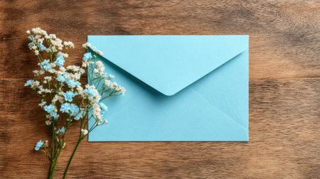 A blue envelope sits on a wooden table with a bunch of white flowers. The envelope is open and the flowers are scattered around it. Concept of warmth and love, as the flowersの素材