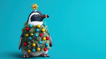 A penguin adorned in a festive Christmas tree costume stands proudly. The outfit features vibrant ornaments and a star on top creating a cheerful holiday scene.の素材