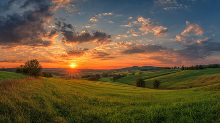 A beautiful sunset over a field of grass. The sky is filled with clouds, and the sun is setting in the distance. The scene is peaceful and sereneの素材