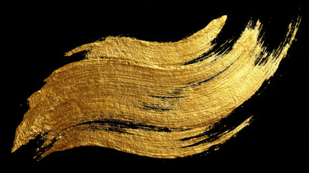 A gold brush stroke on a black background. The brush stroke is long and wavy, and it is made of gold. The brush stroke is the main focus of the image, and it creates a sense of movement and energyの素材
