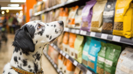 A Dalmatian dog stands attentively in a bright pet supply store gazing up at various bags of dog food on the shelves. The scene is lively and appealing.の素材