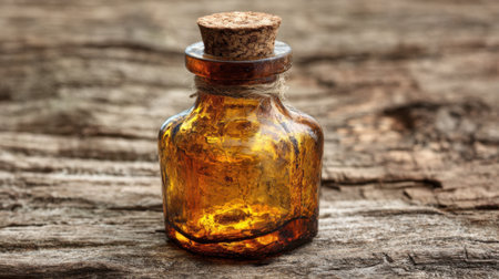 An antique amber glass bottle is displayed on a weathered wooden surface. The bottle features a cork and twine reflecting warm light from its surroundings.の素材