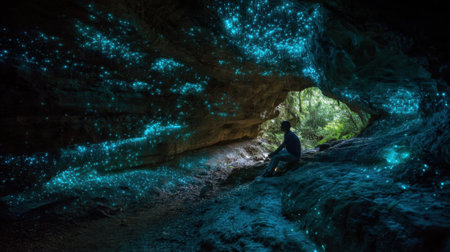 A person is sitting in a cave with glowing blue lights. The cave is dark and the person is the only one in itの素材
