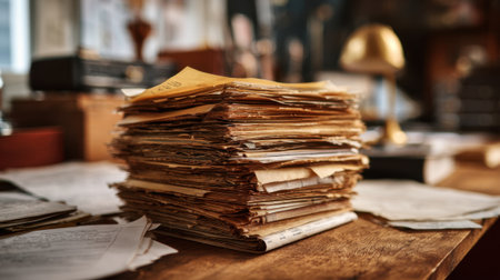 A cluttered wooden desk features a large pile of aged documents and papers. The warm light of dusk highlights the worn textures and nostalgic atmosphere of this vintage office space.の素材