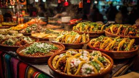 A table full of Mexican food, including tacos and other dishes. The table is covered with many bowls and plates of foodの素材