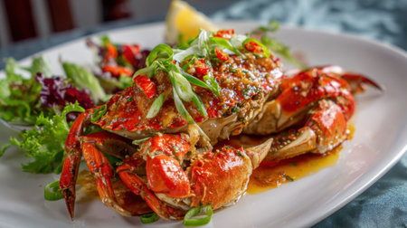 Succulent crab is plated with a vibrant sauce and topped with green onions. Side fresh salad and lemon add color enhancing the dining experience with friends.の素材
