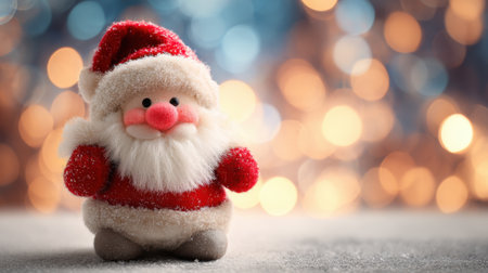 A delightful Santa figurine with a soft plush design stands on a flat surface. Behind it twinkling lights create a warm colorful atmosphere perfect for the holiday season.の素材