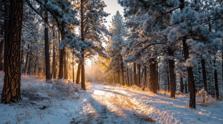 A snowy forest with a road running through it. The sun is shining through the trees, casting a warm glow on the snow. The scene is peaceful and serene, with the snow-covered groundの素材
