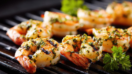 A plate of shrimp with parsley on top. The shrimp are grilled and seasoned with herbs. Concept of freshness and healthy eatingの素材