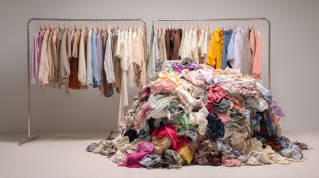 A pile of clothes is on the floor next to a clothes rack. The clothes are all different colors and styles, and they are piled up in a heap. The scene gives off a sense of disorganization and chaosの素材