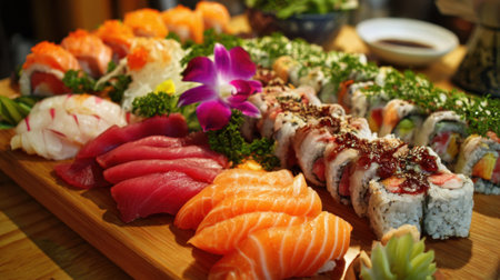 A sushi platter with a variety of sushi rolls and sashimi. The sushi is arranged on a wooden board and there are several bowls and cups nearby. Scene is that of a delicious and appetizing mealの素材