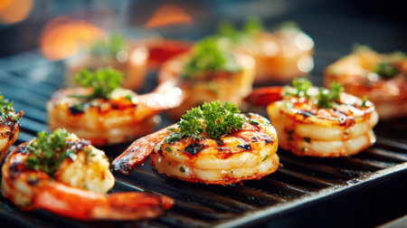 A plate of shrimp with parsley on top is on a grill. The shrimp are cooked and ready to be eatenの素材