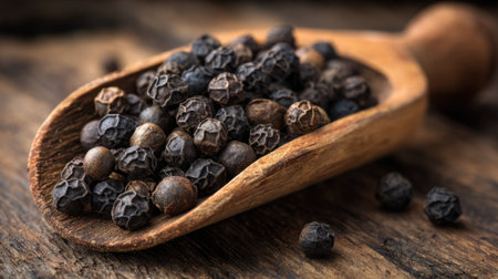 A wooden spoon filled with black pepper is placed on a wooden table. The spoon is made of wood and the pepper is black in colorの素材