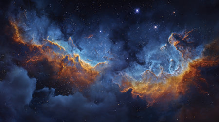 In deep space a stunning display of swirling clouds and vibrant colors illustrates the ongoing process of galaxy formation. Stars twinkle in the background enhancing the cosmic scene.の素材