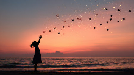 A child stands at the shoreline reaching out towards sparkling stars that float in a beautiful sunset sky. The scene captures a magical moment of wonder and imagination.の素材