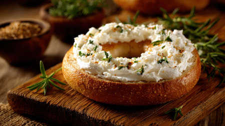 A white bagel with herbs on top sits on a wooden table. The herbs include parsley and rosemaryの素材