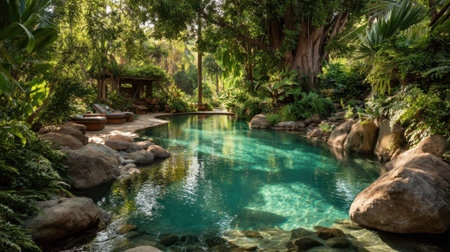 A beautiful, serene pool surrounded by lush greenery and rocks. The water is crystal clear and inviting, and the trees provide a peaceful atmosphereの素材