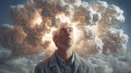 A man gazes upwards surrounded by a surreal scene of clouds and an explosion of color and light above his head. The moment captures the concept of inspiration and creativity.の素材