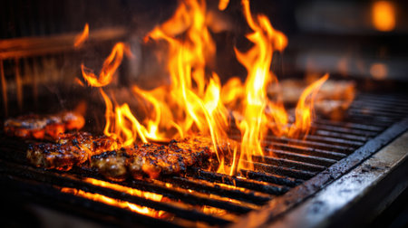 A grill with meat on it and flames. The grill is hot and the meat is cooking. The flames are orange and yellowの素材